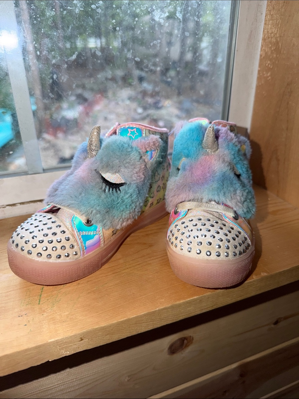 Kids Unicorn Faux-Fur Slip-On Sneakers - Pastel- Skechers Twinkle Toes Light Up